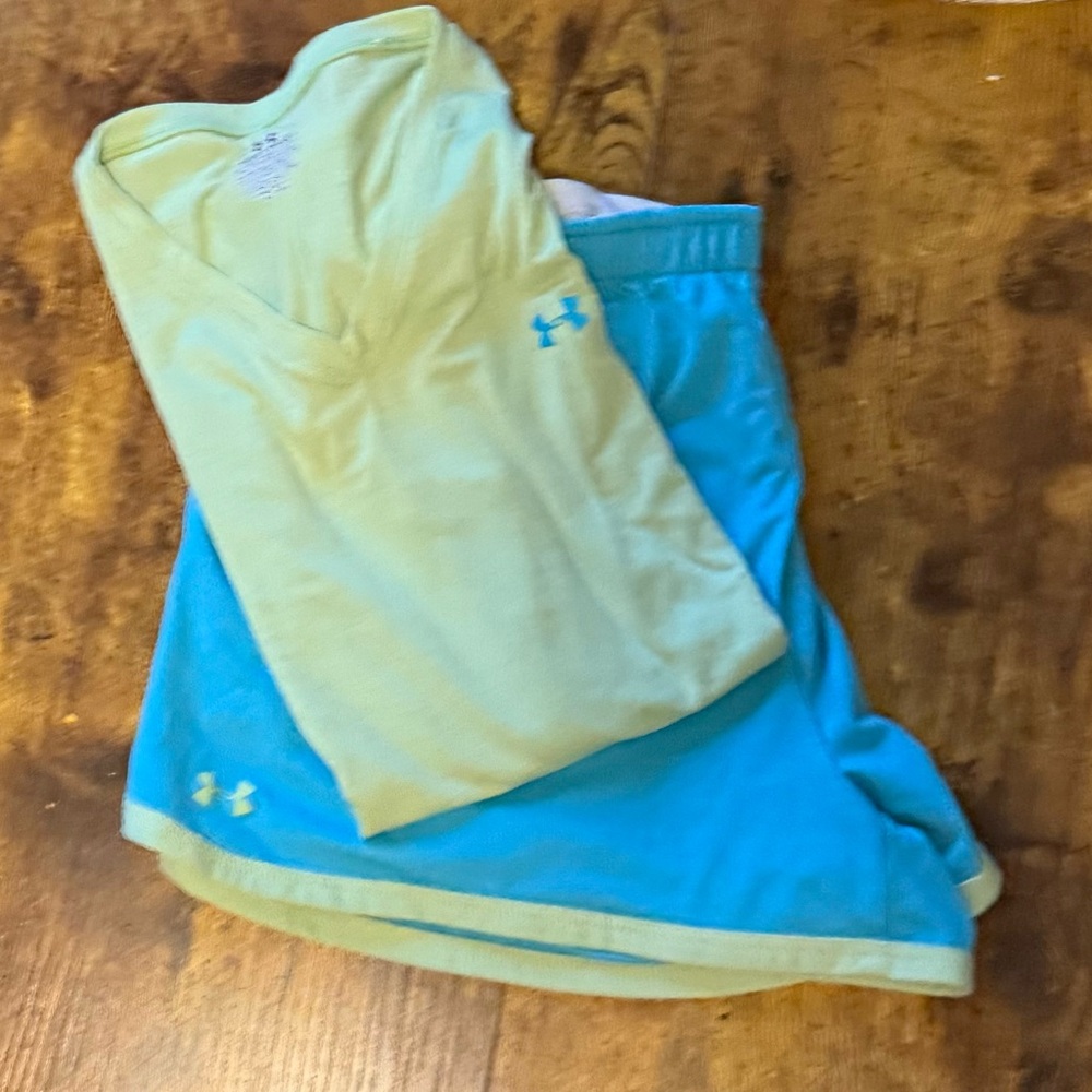 Under Armour Lime Green Top and Aqua Blue Running Shorts (M), Active Wear